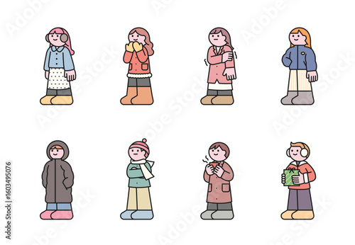 A charming collection of eight cartoon characters, both boys and girls, dressed in warm winter clothing. 