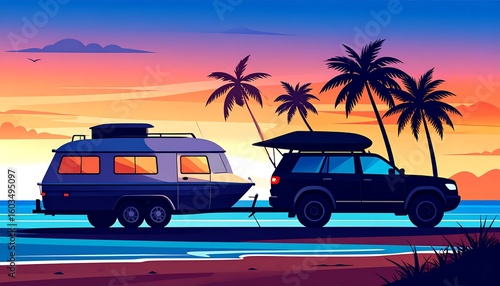 Beach sunset scene with camper and SUV