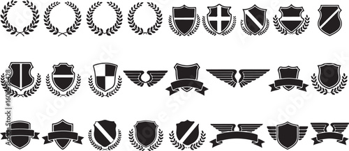 Collection of heraldic shields crests and laurel wreaths isolated on transparent background
