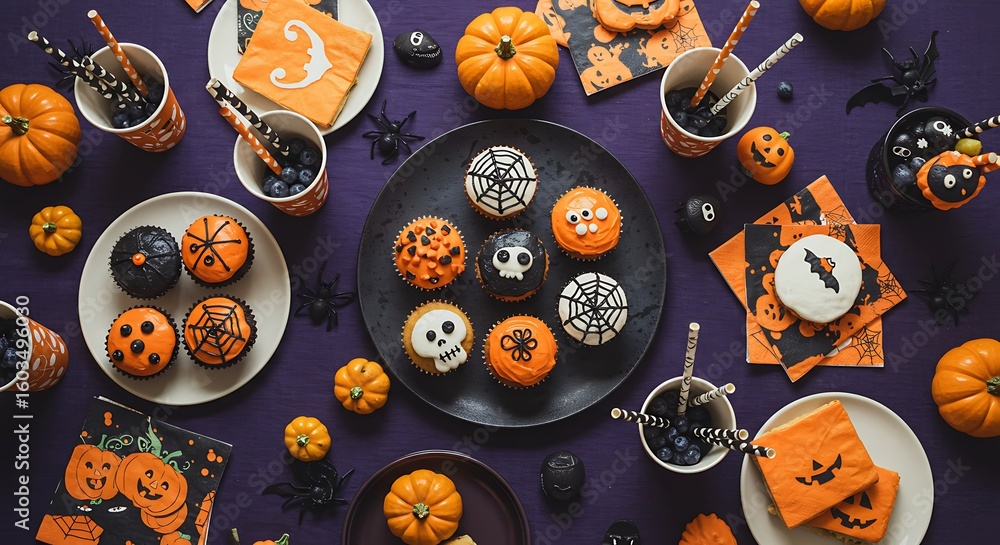 Festive Halloween Delights: An overhead shot captures the vibrant allure of Halloween decorations, a playful blend of thematic cupcakes, tiny pumpkins, and assorted treats.