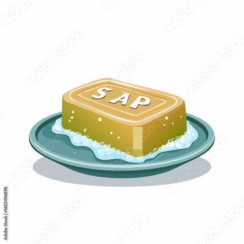 Soap bar on dish – Used soap bar with water stains.
