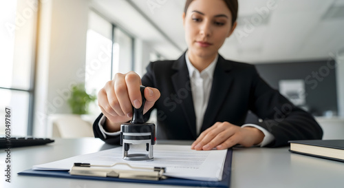 Professional woman stamping a document for official approval at her desk