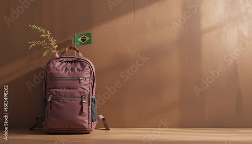 Stylish backpack with a small Brazilian flag and plant on a minimalist background
