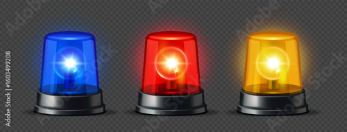 Three colorful emergency sirens in blue, red, and yellow glowing on a transparent checkered background, representing alert or danger signals. Vector illustration