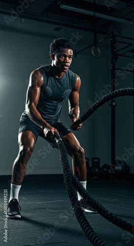 Man working out with battle ropes in gym