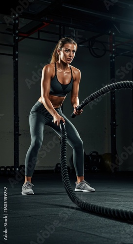 Woman working out with battle ropes in gym