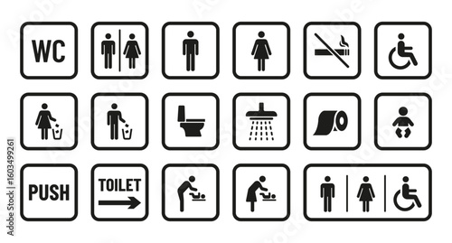 Collection of restroom and hygiene icons including WC, shower, toilet, diaper change, and accessible signs in minimalist black style on white background. Vector illustrations set
