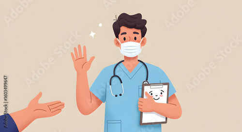 Healthcare worker in blue scrubs greeting with clipboard in hand on plain background