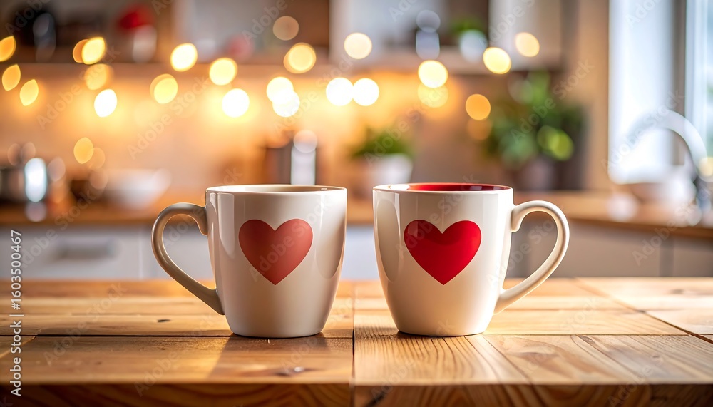 Obraz premium Two mugs with hearts on a kitchen table