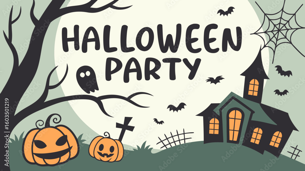 Obraz premium Halloween Party Invitation Vector with Pumpkins, haunted house, ghosts, bats, with a spooky text style.