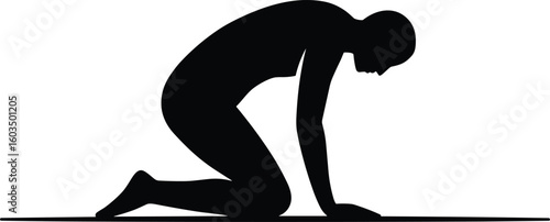 Silhouette of person kneeling, hands on ground, meditation pose, introspective moment, black and white vector, spiritual posture, isolated illustration