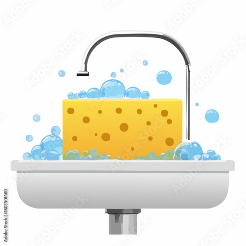 Sponge on sink edge – Yellow dish sponge with soap bubbles.
