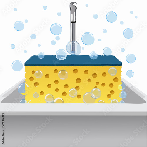 Sponge on sink edge – Yellow dish sponge with soap bubbles.
