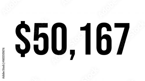Fast dollar number count from 0 to $100000 with black ink drops on a white background