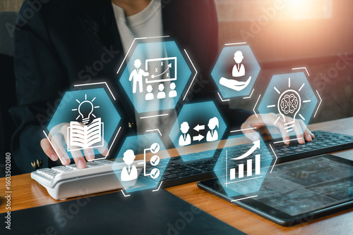 Foto Digital representation of capacity building with icons symbolizing growth, education, and teamwork in a contemporary office setting