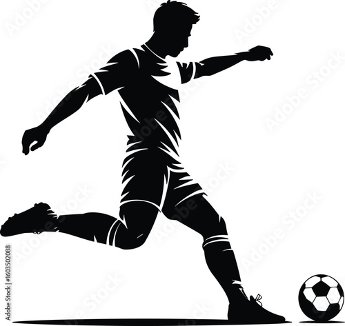 Soccer player silhouette kicking ball, football action pose, dynamic athlete movement, sports illustration vector, black and white isolated design