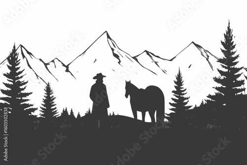 Man and Horse Silhouette in Mountain Landscape