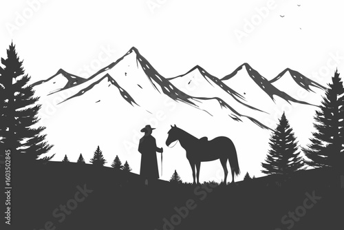 Man and Horse Silhouette in Mountain Landscape