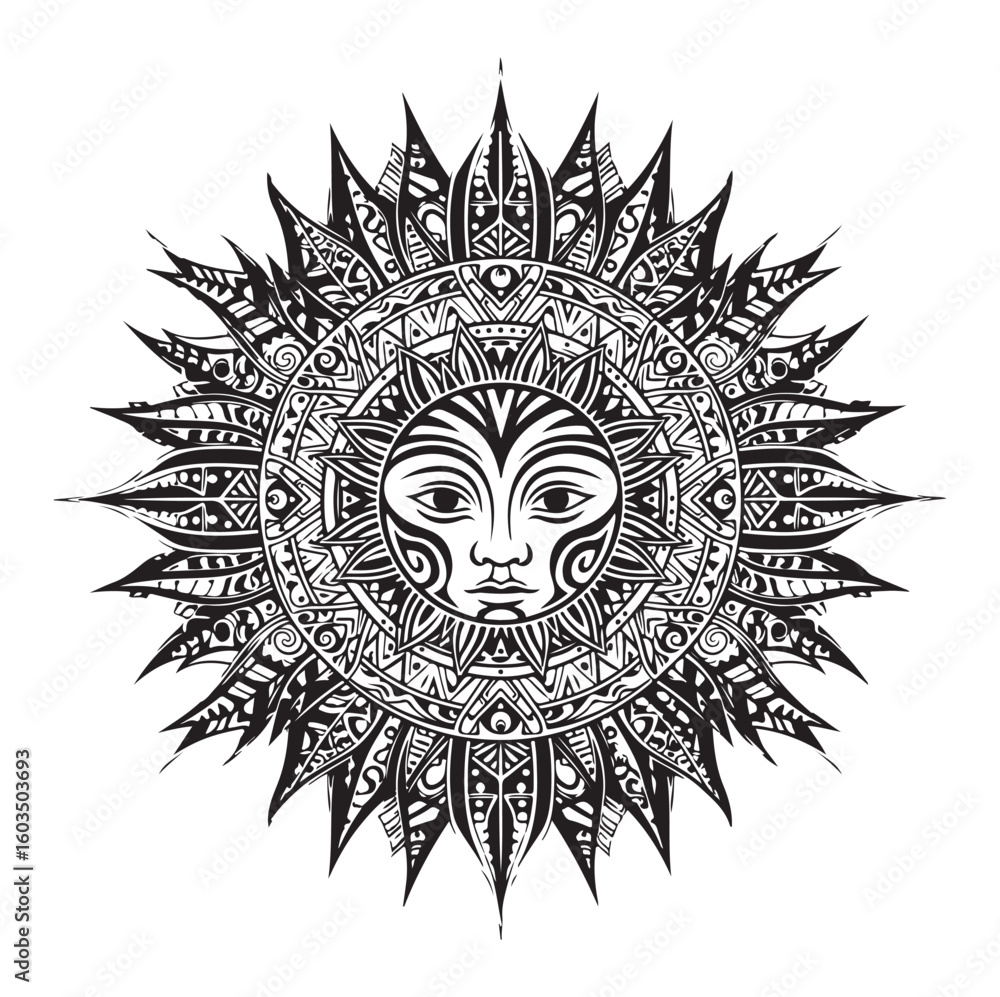Fototapeta premium Mandala Sun Tribal Vector – Black Silhouette for Tattoo & Print. ai generator