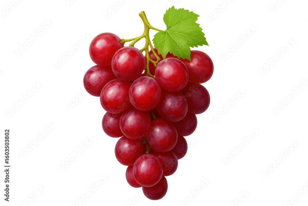 Fototapeta premium Ripe red grapes dangling with vibrant green leaf, clean isolated background highlighting natural agricultural produce