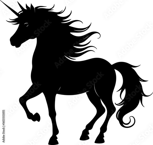  a black silhouette of a unicorn