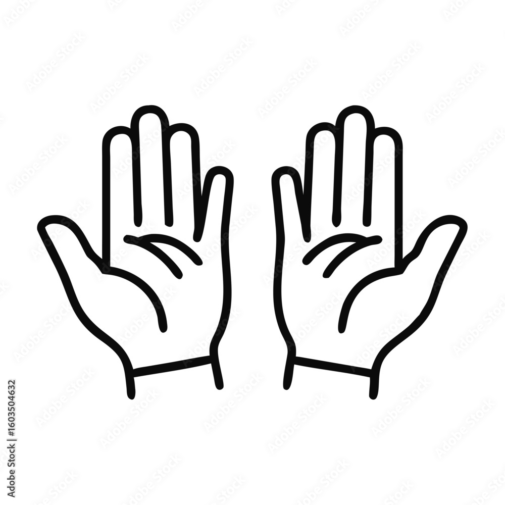 Fototapeta premium Outline illustrations of two hands with open palms gesture showing fingers for design concepts
