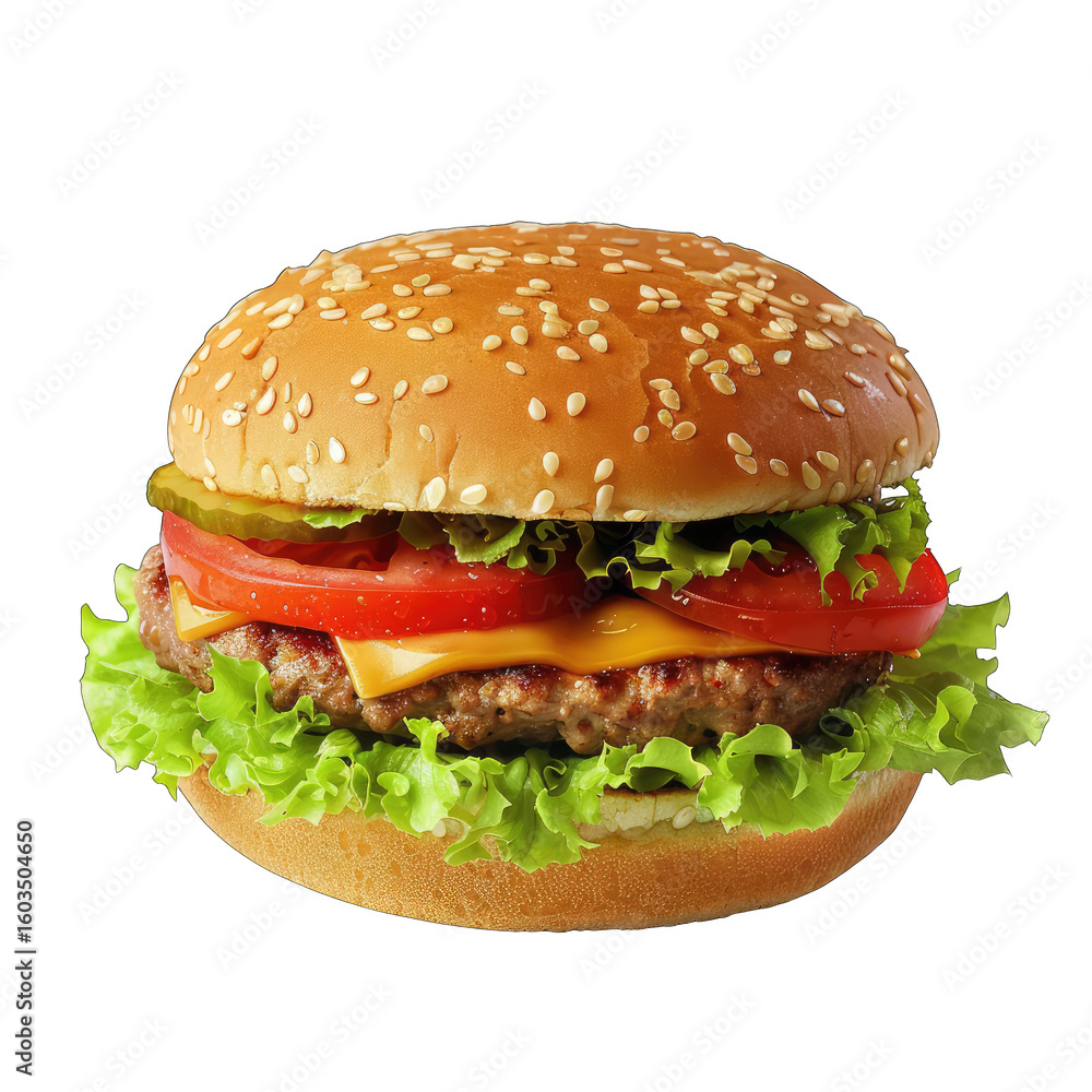 Close-up of a classic cheeseburger. A round, golden-brown bun topped with a juicy patty, melted cheese, crisp lettuce, sliced tomatoes, and a pickle spear Close-up of a classic cheeseburger. A round, golden-brown bun topped with a juicy patty, melted cheese, crisp lettuce, sliced tomatoes, and a pickle spear
