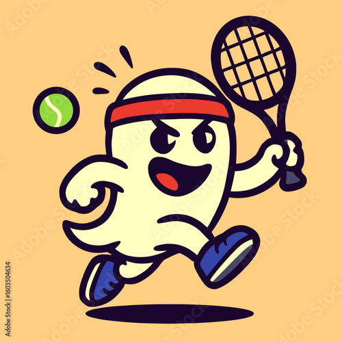A cute ghost wearing a headband and sneakers swings a tennis racket with energetic flair and a goofy competitive expression, set against a flat background.