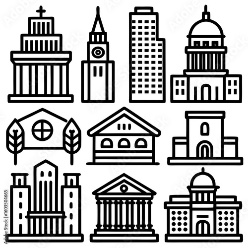 Collection of buildings and architectural structures in simple outline style design