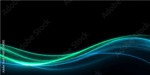 Abstract flowing blue and green light lines create a futuristic wave pattern for a dynamic background