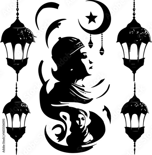 Silhouette graphic features an abstract illustration of a woman and moon, surrounded by four hanging lanterns. The design, created using AI tools, is intended for illustrative editorial content.