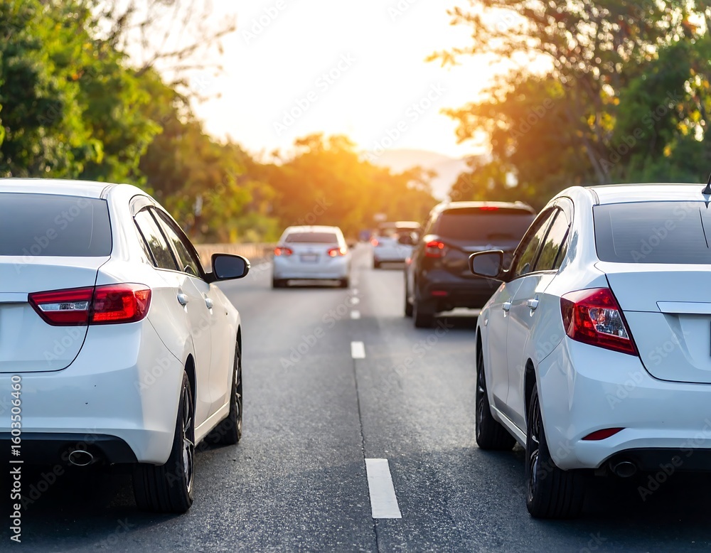 Fototapeta premium Cars on a road at sunset