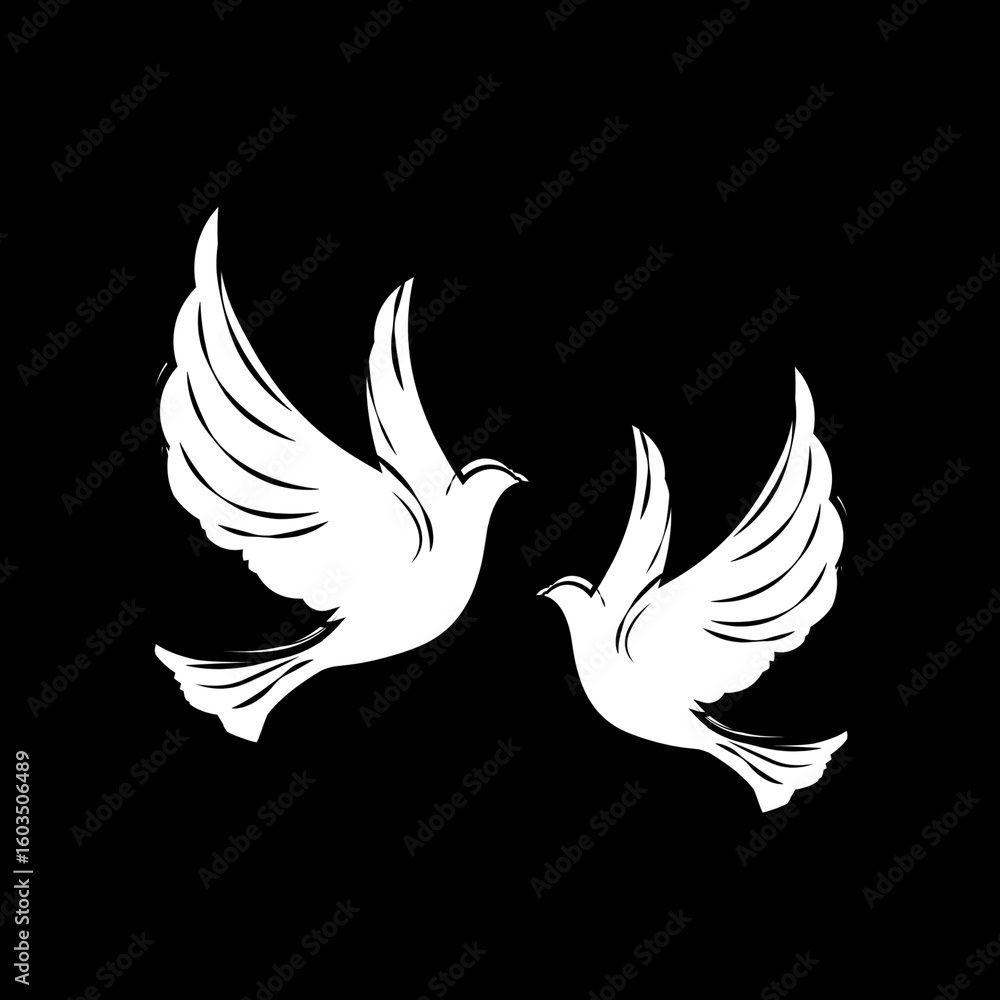 Fototapeta premium Two White Doves Flying Gracefully on Black Background