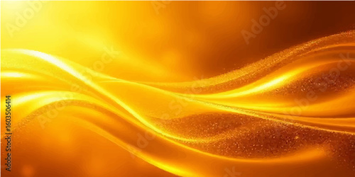 An abstract orange and yellow background with flowing lines and a subtle wave pattern creates a vibrant, energetic design