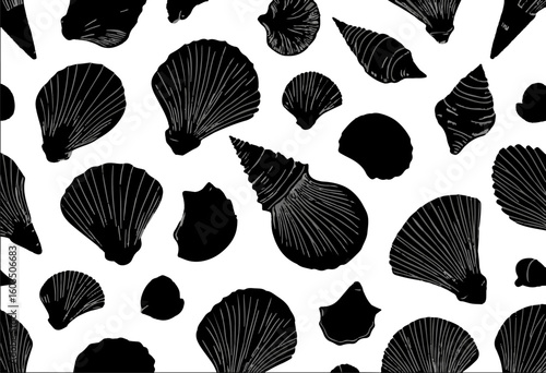Black and white pattern of various shells. It could be used as a seashell illustration for a coastal or beach themed project.
