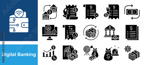 Digital banking icon set with Digital wallet, Bank transfer, Bill payment, Payment approved, Payment pending, Money transfer, Verified account, Transaction history, Bank account, Interest rate.