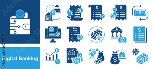 Digital banking icon set with Digital wallet, Bank transfer, Bill payment, Payment approved, Payment pending, Money transfer, Verified account, Transaction history, Bank account, Interest rate.