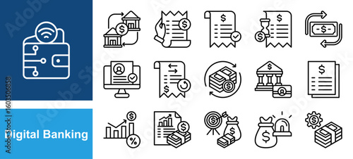 Digital banking icon set with Digital wallet, Bank transfer, Bill payment, Payment approved, Payment pending, Money transfer, Verified account, Transaction history, Bank account, Interest rate.
