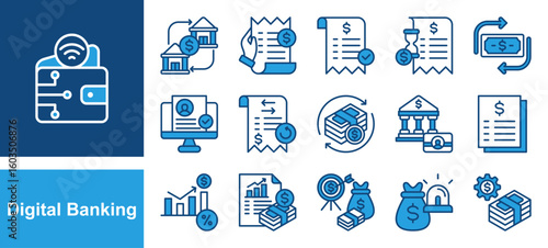 Digital banking icon set with Digital wallet, Bank transfer, Bill payment, Payment approved, Payment pending, Money transfer, Verified account, Transaction history, Bank account, Interest rate.