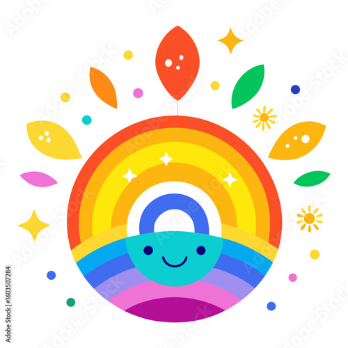 A colorful, cheerful illustration of a smiling rainbow with clouds and sparkling leaves, radiating joy.