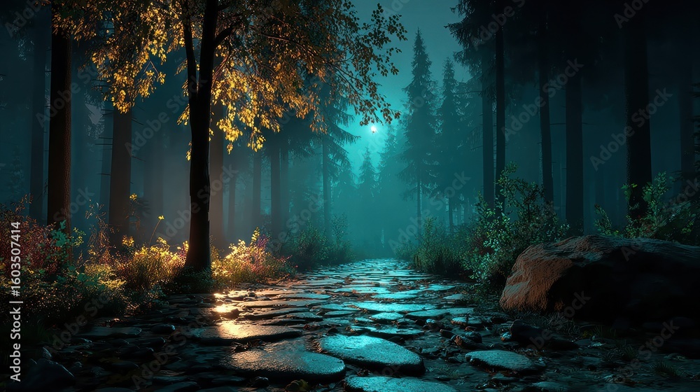 Fototapeta premium Mystical forest path at night