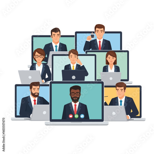 Diverse business professionals participate in a virtual meeting via video conferencing on their laptops.