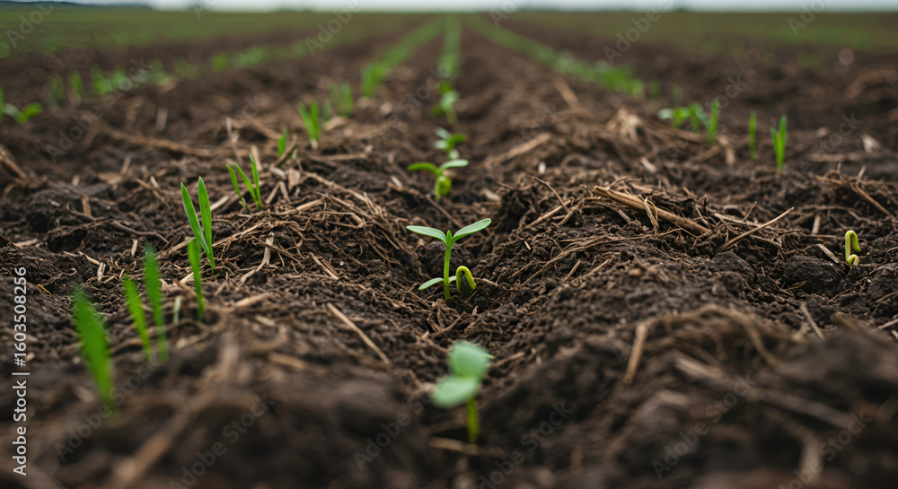 Fototapeta premium Rows of fresh green sprouts push through the rich soil, a beautiful depiction of new beginnings and sustainable agriculture creating a vital greenspace.