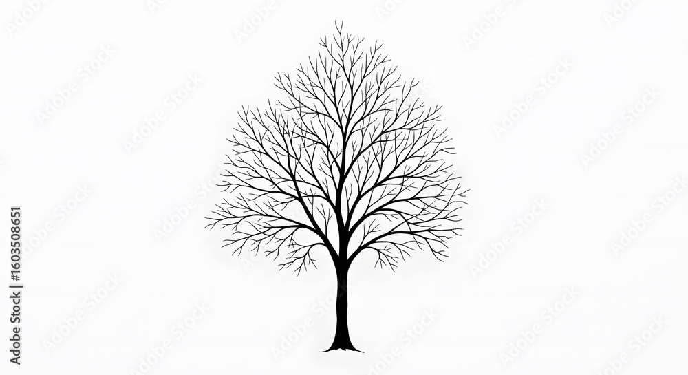 Obraz premium Isolated vector silhouette of a bare winter tree, black on white, with intricate branches reaching towards the sky