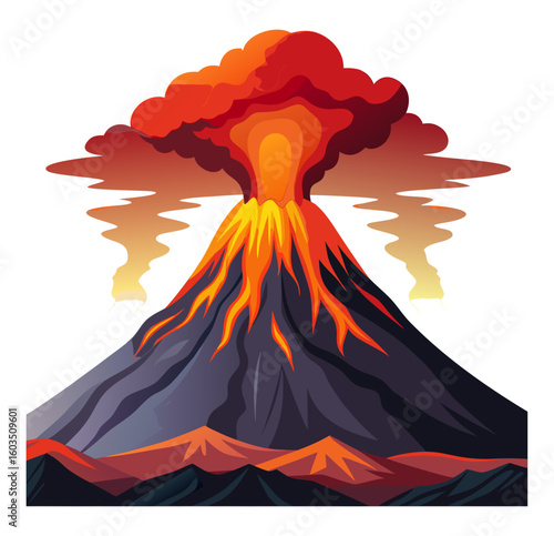 A detailed, stylized illustration of a volcano erupting with a large cloud of smoke and flowing lava.