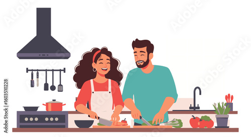 Joyful couple happily preparing healthy meal together in a cozy kitchen environment