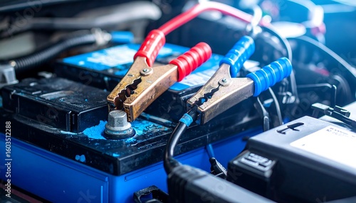 Car battery being jump-started. Close-up view