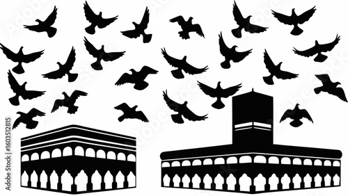 Silhouette of kaaba structures with flying birds against a white background in a vector graphic art