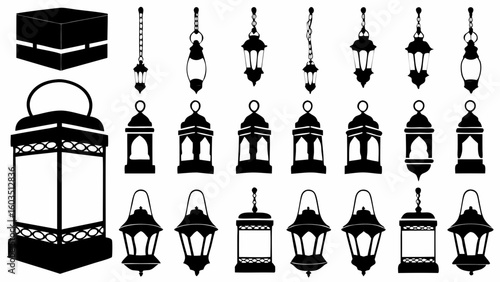 Illustration of a kaaba and an array of decorative lanterns in black silhouette against a white background