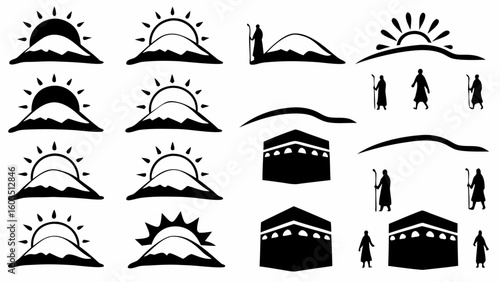 Illustration of mountains with sun, figures with staffs, and the kaaba in a black and white composition silhouette